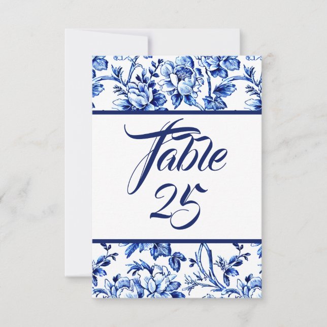 Carte de numéro de table Blue & White Floral Toile (Devant)