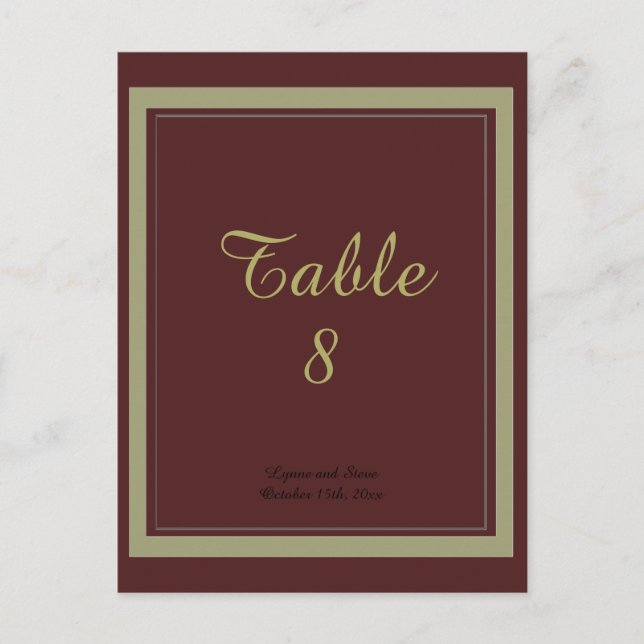 Carte de numéro de table bordeaux et or (Devant)