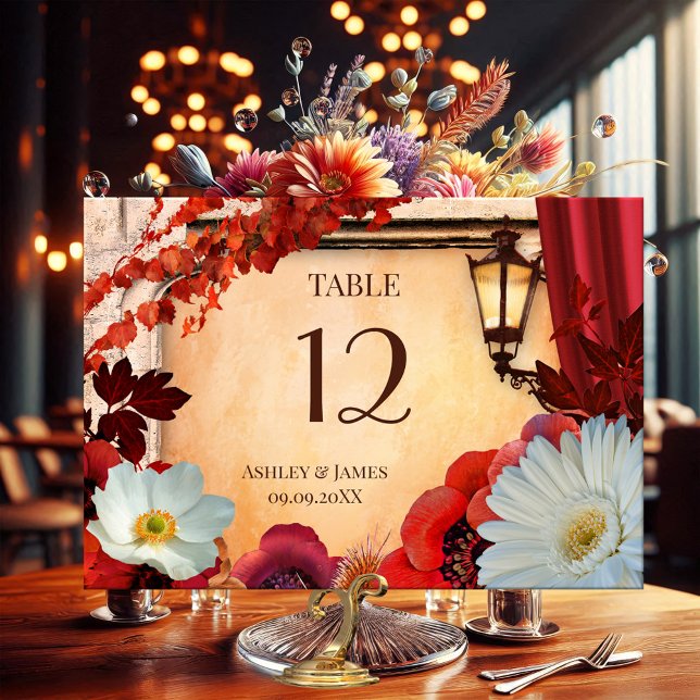 Carte de numéro de table classique floral bohème d (Table number card featuring a classic Italian design with autumn leaves and flowers on terra cotta)