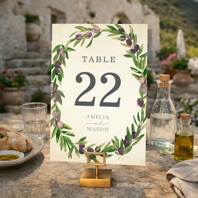 Carte de numéro de table Couronne d'olive botaniqu (Rustic Botanical Olive Branch Wreath Table Number Card)