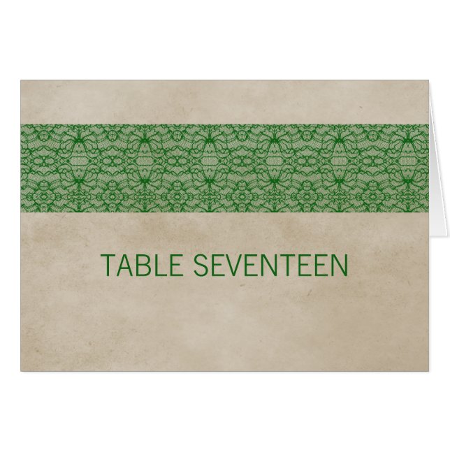 Carte de numéro de table de dentelle rustique vert (Devant horizontal)
