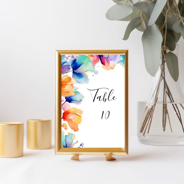 Carte de numéro de table de mariage à aquarelle fl (Bright Floral Watercolor Purple Orange Blue Flowers Wedding Table number card)