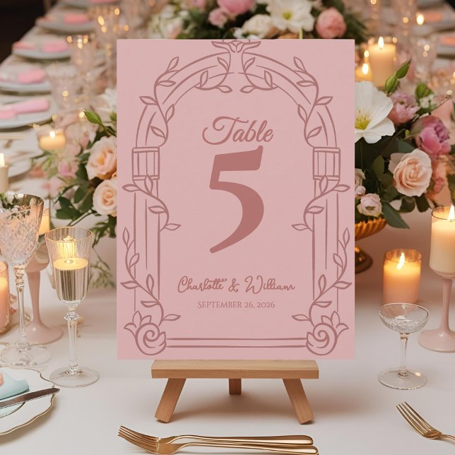 Carte de Numéro de Table de Mariage à Arche Ornée  (Elegant Dusty Rose Ornate Arch Botanical Wedding Table Number Card)