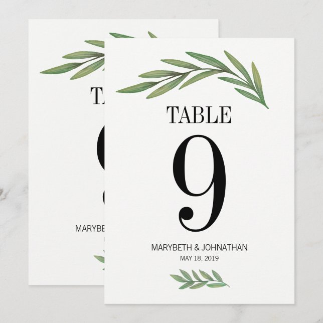 Carte de numéro de table de mariage à feuille de v (Devant / Derrière)