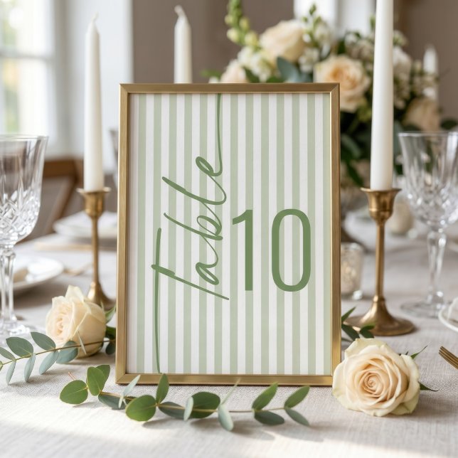 Carte de numéro de table de mariage à rayures vert (Créateur téléchargé)