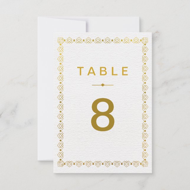 Carte de numéro de table de mariage Art Déco dorée (Devant)