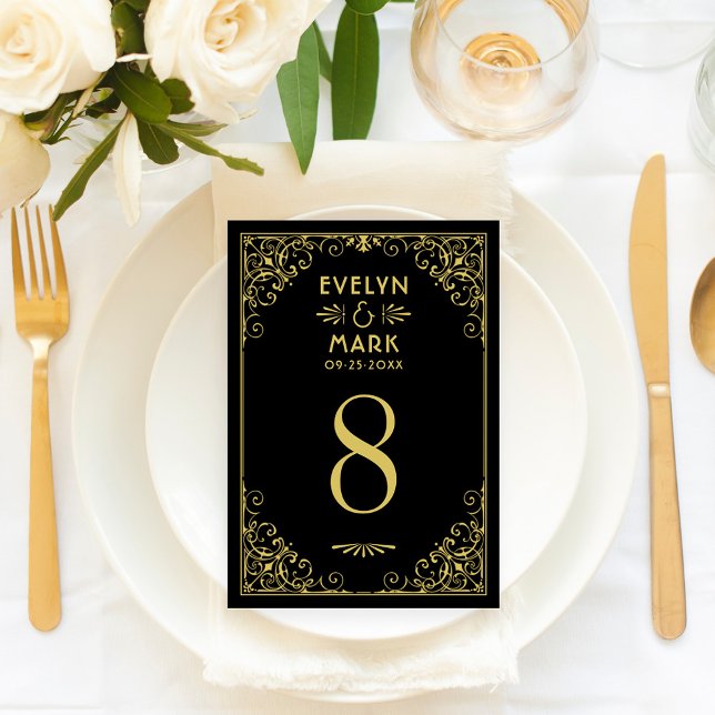 Carte de numéro de table de mariage Art Déco noir  (Créateur téléchargé)