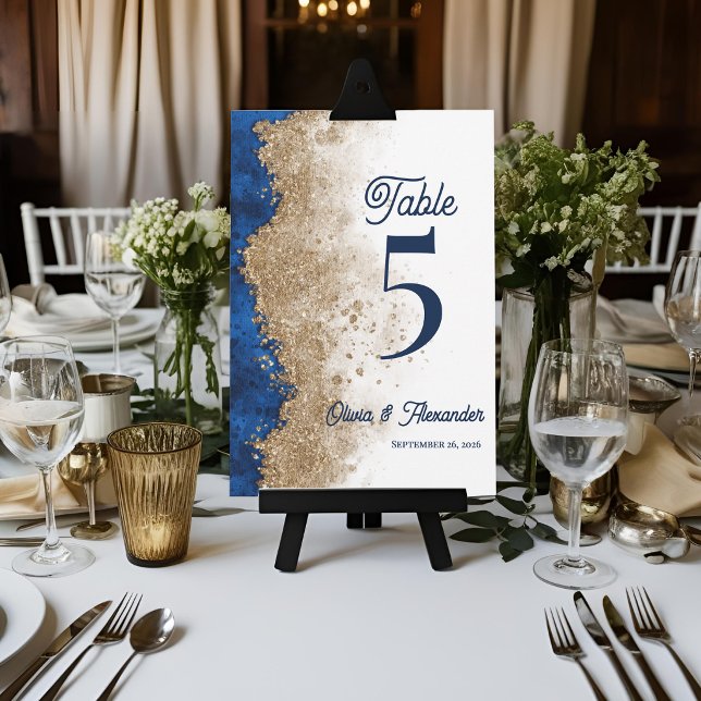 Carte de Numéro de Table de Mariage Bleu Or de la  (Royal Blue Gold Wedding Table Number Card | Elegant Navy Blue Gold Table Number Reception Decor)