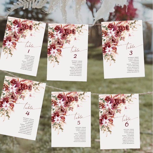 Carte de numéro de table de mariage Boho Burgundy  (Créateur téléchargé)