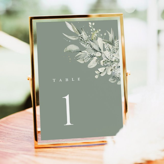 Carte de numéro de table de mariage botanique vert (Sage green botanical wedding table number card, elegant greenery design, modern reception decor)