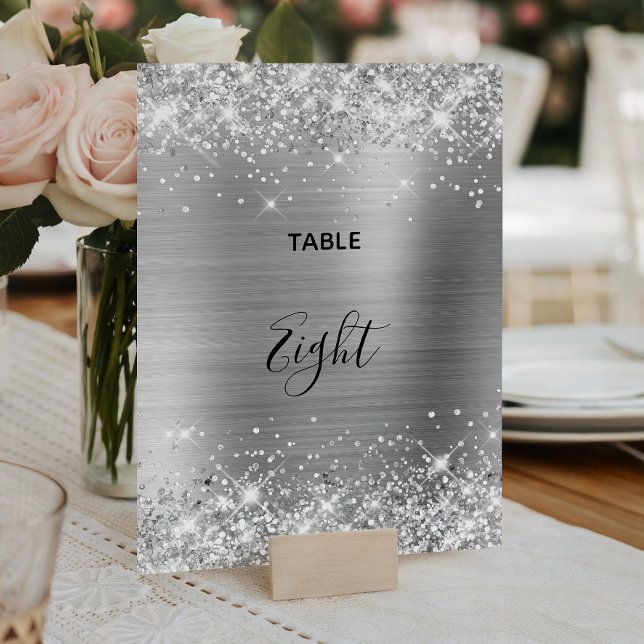 Carte de numéro de table de mariage en feuille d'a (Glittery Silver Foil Wedding Table Number 5x7 Card)