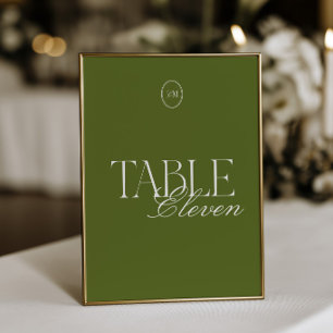Carte de numéro de table de mariage en vert olive