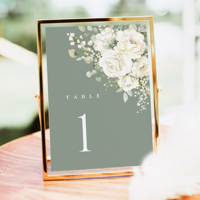Carte de numéro de table de mariage floral blanc v (Sage green white floral watercolor wedding table number card, modern classic outdoor gold frame)