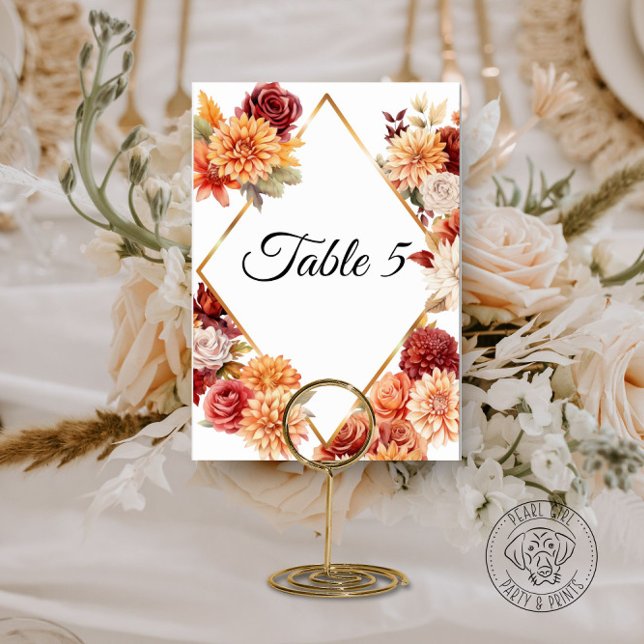 Carte de numéro de table de mariage floral d'autom (Créateur téléchargé)