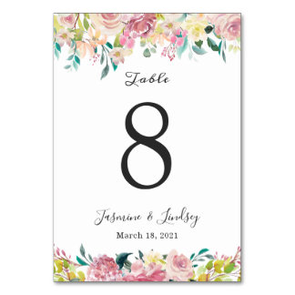 Carte de numéro de table de mariage floral pastel