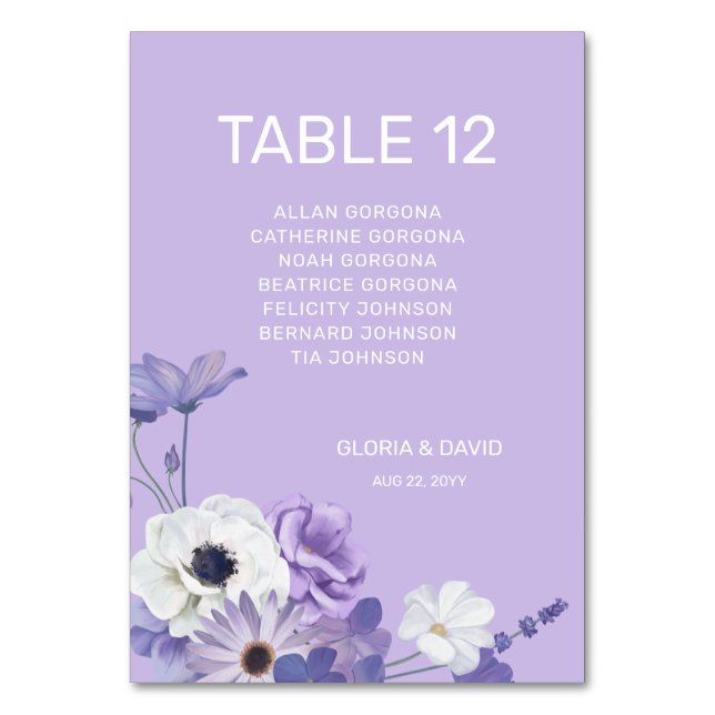 Carte de numéro de table de Mariage floral pourpre (Par défaut)