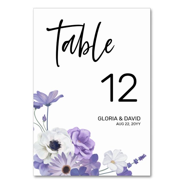 Carte de numéro de table de Mariage floral pourpre (Par défaut)
