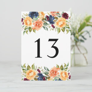Carte de numéro de table de mariage floral rustiqu