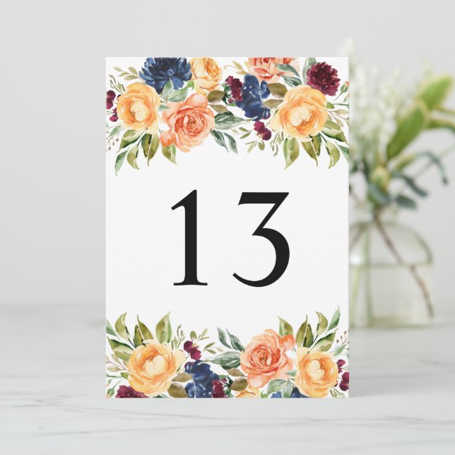 Carte de numéro de table de mariage floral rustiqu (Debout devant)