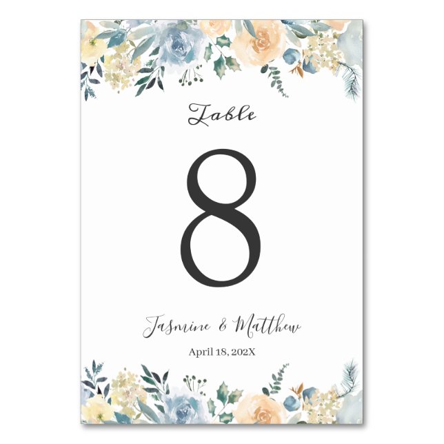 Carte de numéro de table de mariage florale bleue  (Par défaut)
