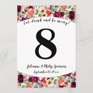 Carte de Numéro de Table de Mariage Florale de Jar
