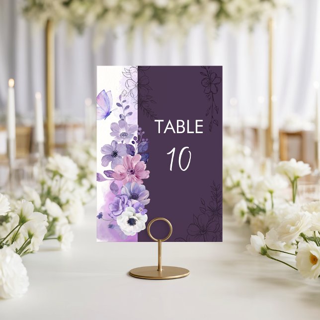 Carte de numéro de table de mariage florale violet (Créateur téléchargé)