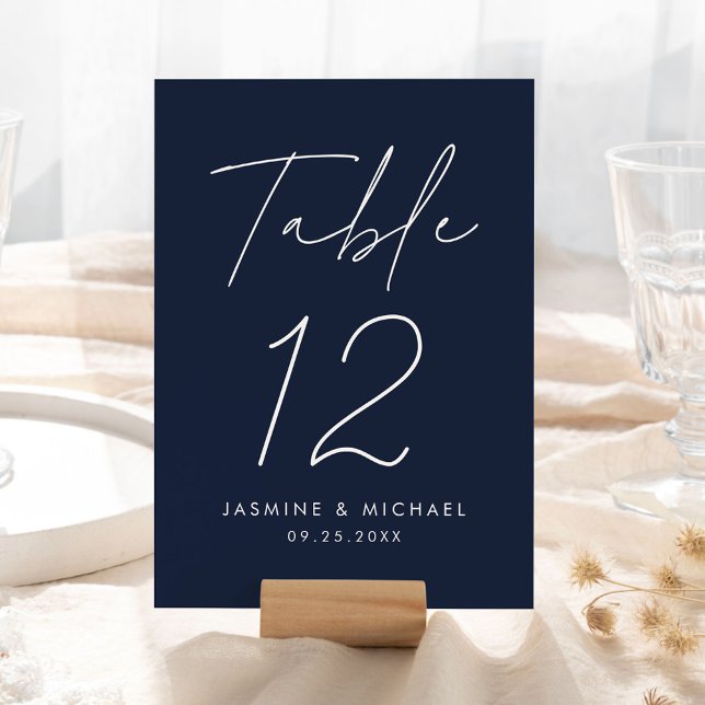 Carte de Numéro de Table de Mariage Navy Script Mo (Créateur téléchargé)