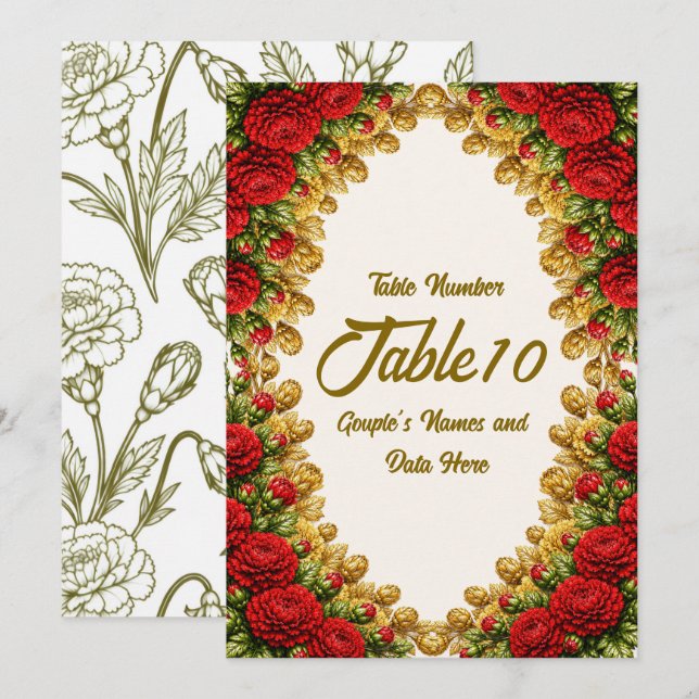 Carte de numéro de table de mariage Ohio Red Carna (Devant / Derrière)