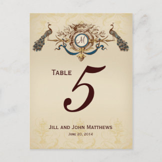 Carte de numéro de table de mariage Paons Vintage