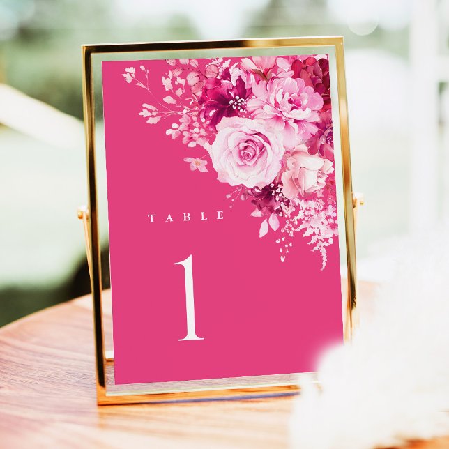 Carte de numéro de table de mariage rose chaud, fl (Hot Pink Floral Wedding Table Numbers, Fuchsia Rose Reception Table Number Sign in Gold Frame Decor)