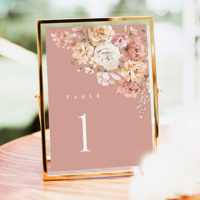 Carte de numéro de table de mariage rose poussiére (Dusty Pink Rose Floral Wedding Table Number Card, garden pink reception wedding table number sign)