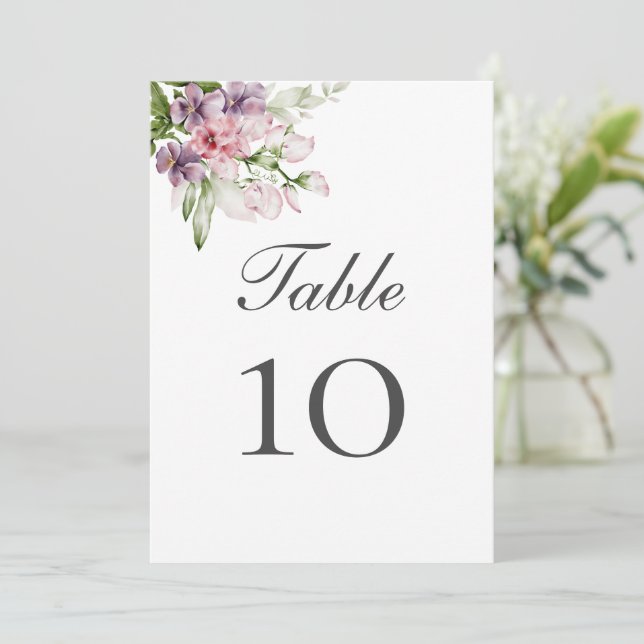 Carte de numéro de table de Mariage rose vert viol (Debout devant)