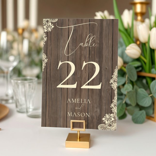 Carte de numéro de table de mariage rustique en bo (Wood Lace Wedding Rustic Table Number Card)