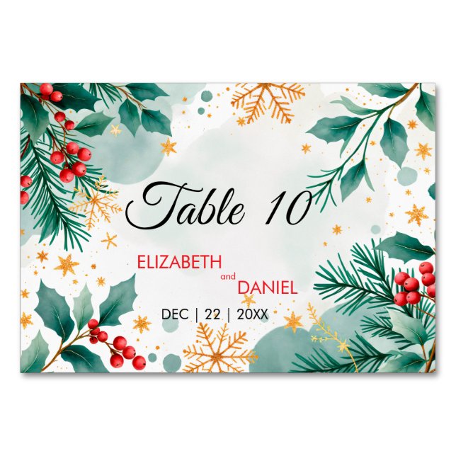 Carte de numéro de table de Noël Aquarelle - Holly (Devant)