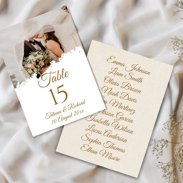 Carte de numéro de table de script Gold de photo é (elegant photo and gold script wedding table number card)