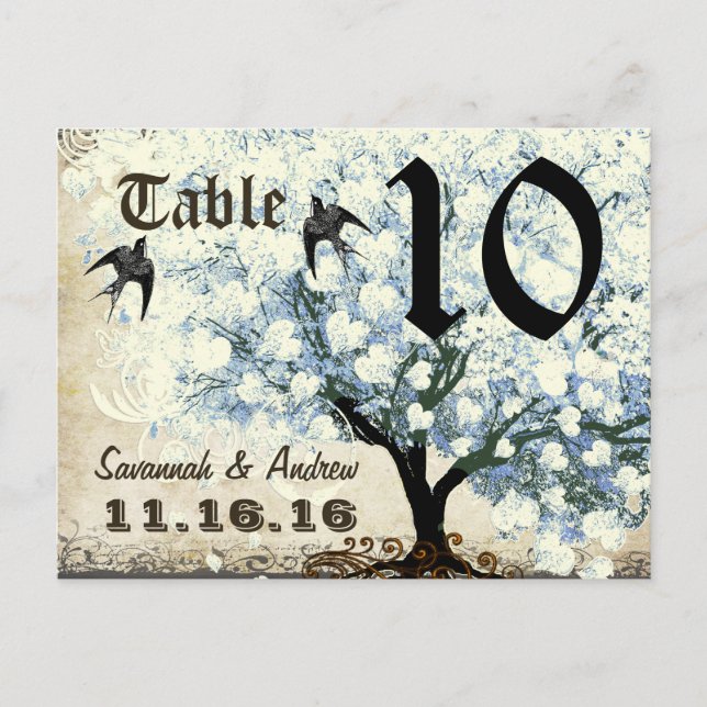 Carte de numéro de table d'oiseaux d'arbre de feui (Devant)