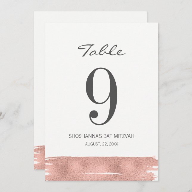 Carte de numéro de table du Bat mitzvah rose Gold  (Devant / Derrière)