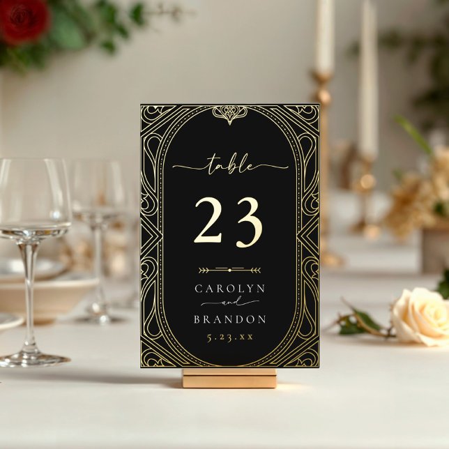 Carte de numéro de table du Mariage Ornat Or et No (Black and gold real foil wedding table number art deco vintage frame)