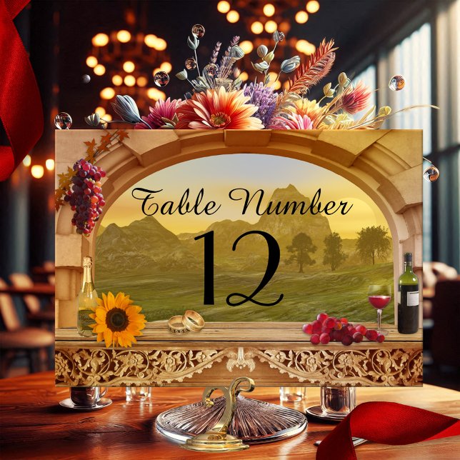 Carte de numéro de table du Mariage viticole (Festive wedding table number card with a classic Italian scene with a wine theme and a sunflower)