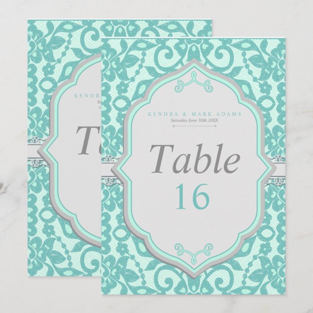 Carte de numéro de table élégante menthe et grise (Devant / Derrière)
