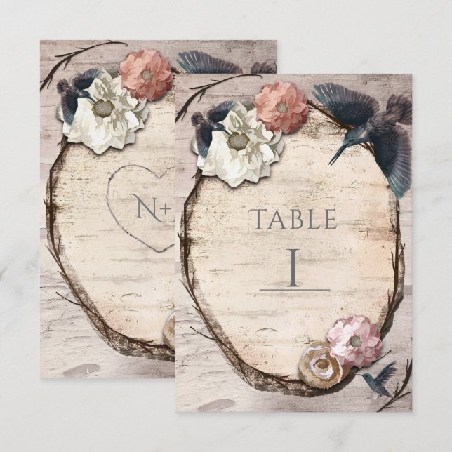 Carte de numéro de table en bouleau blanc rustique (Devant / Derrière)