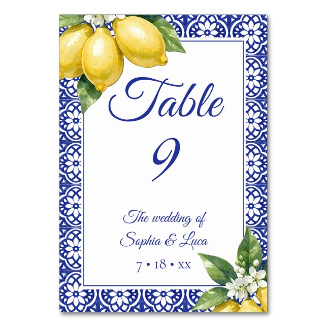 Carte de numéro de table en carreau bleu au citron (Par défaut)