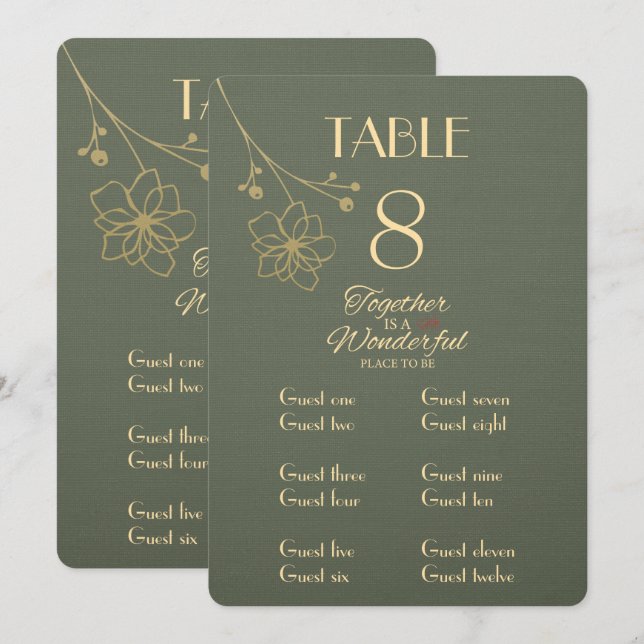 Carte de numéro de table et de nom de lieu en vert (Devant / Derrière)