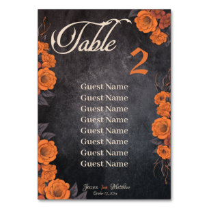 Carte de numéro de table Fleurs Orange avec noms