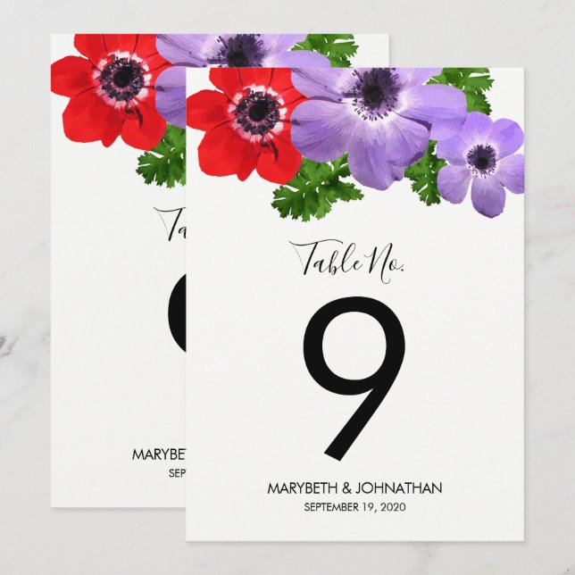 Carte de numéro de table florale Anémone aquarelle (Devant / Derrière)