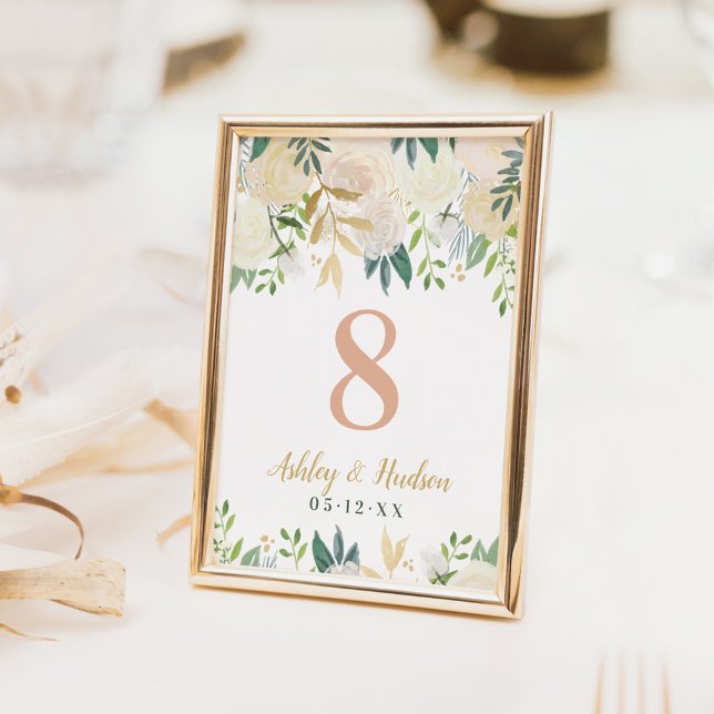 Carte de numéro de table florale or rose (Créateur téléchargé)