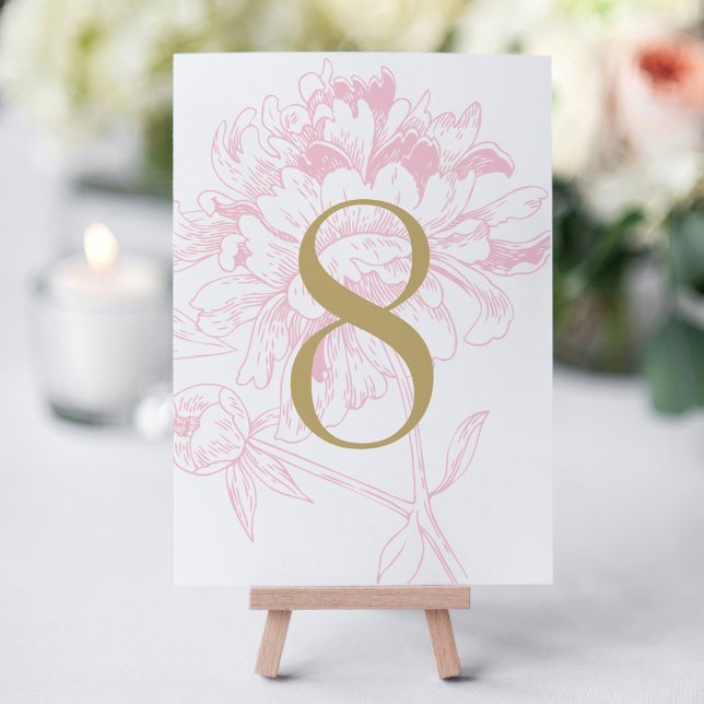 Carte de numéro de table florale Paeonia en or ros (Créateur téléchargé)