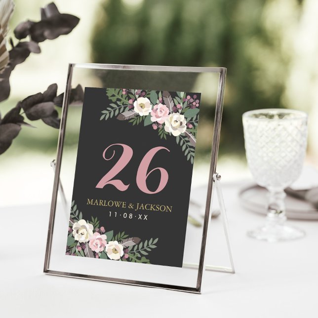 Carte de numéro de table florale rose sombre et lu (Créateur téléchargé)