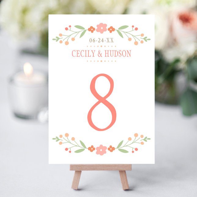 Carte de numéro de table florale verte corail de j (Créateur téléchargé)
