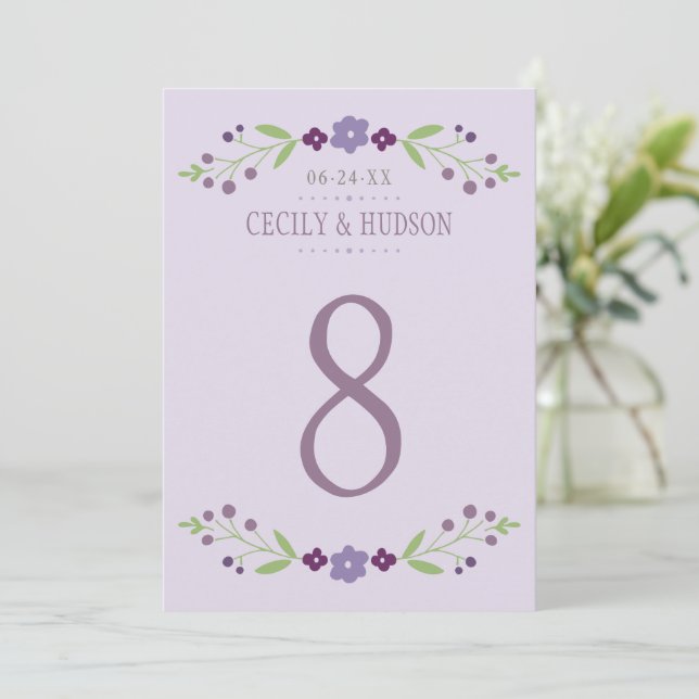 Carte de numéro de table florale violet vert rusti (Debout devant)